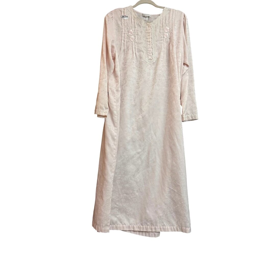 Miss Elaine Floral Embroidered Nightgown Women's M Pink Cotton Blend Long Sleeve